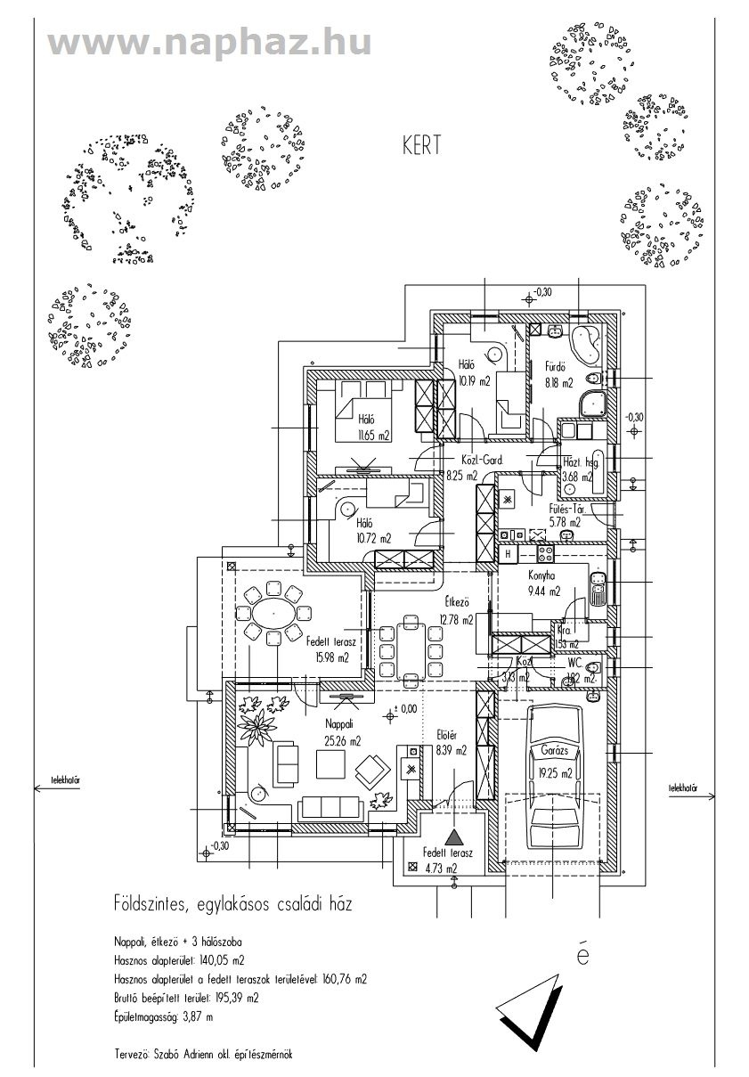 Szabadonálló, egyszintes családi ház garázzsal, nappali-étkező + 3 szoba, 140,05 m²