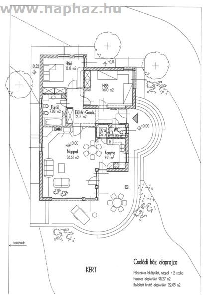Földszintes üdülőépület, nappali + 2 szoba, 98 m²