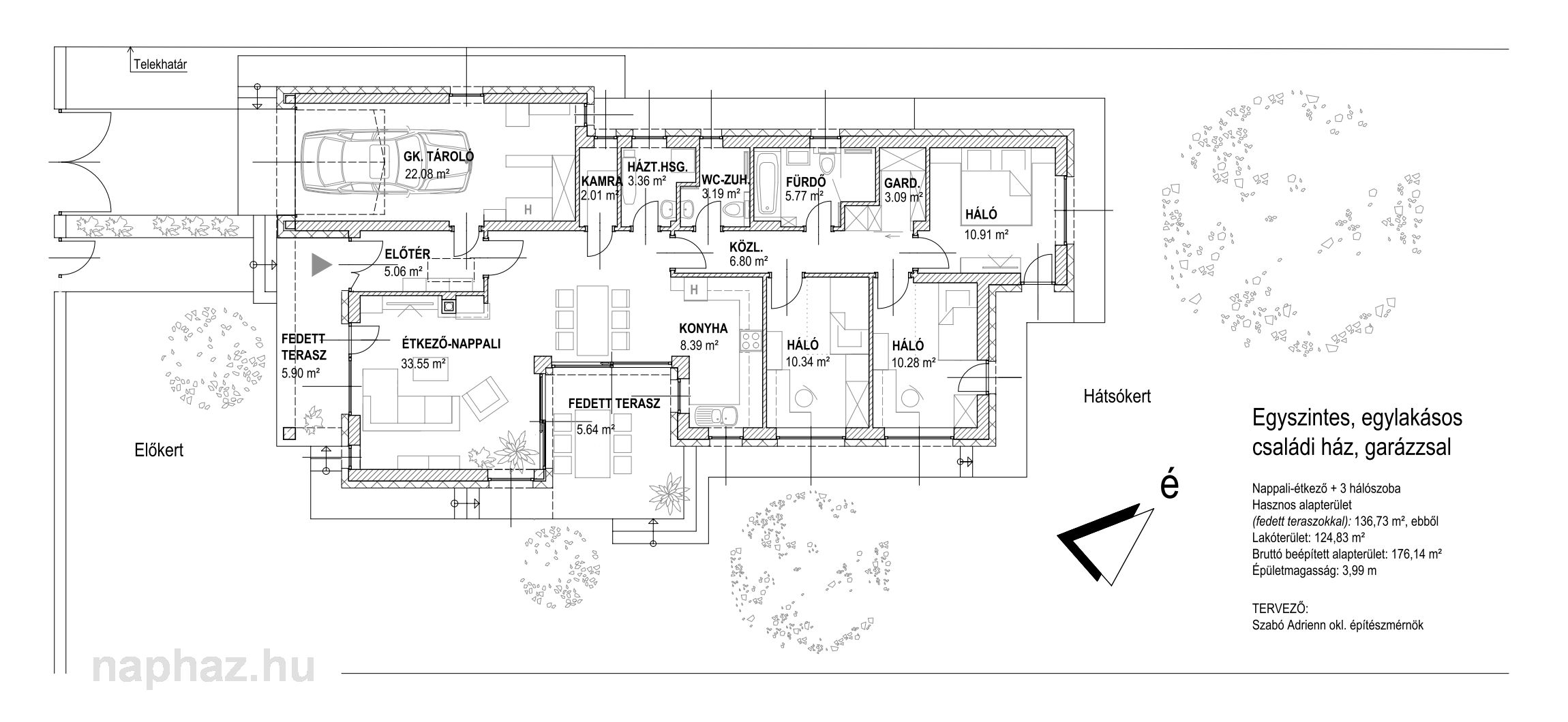 Oldalhatáron álló egyszintes családi ház garázzsal, nappali-étkező + 3 hálószoba - 
Hasznos alapterület fedett teraszokkal 136,37 m², ebből lakóterület: 124,83 m²