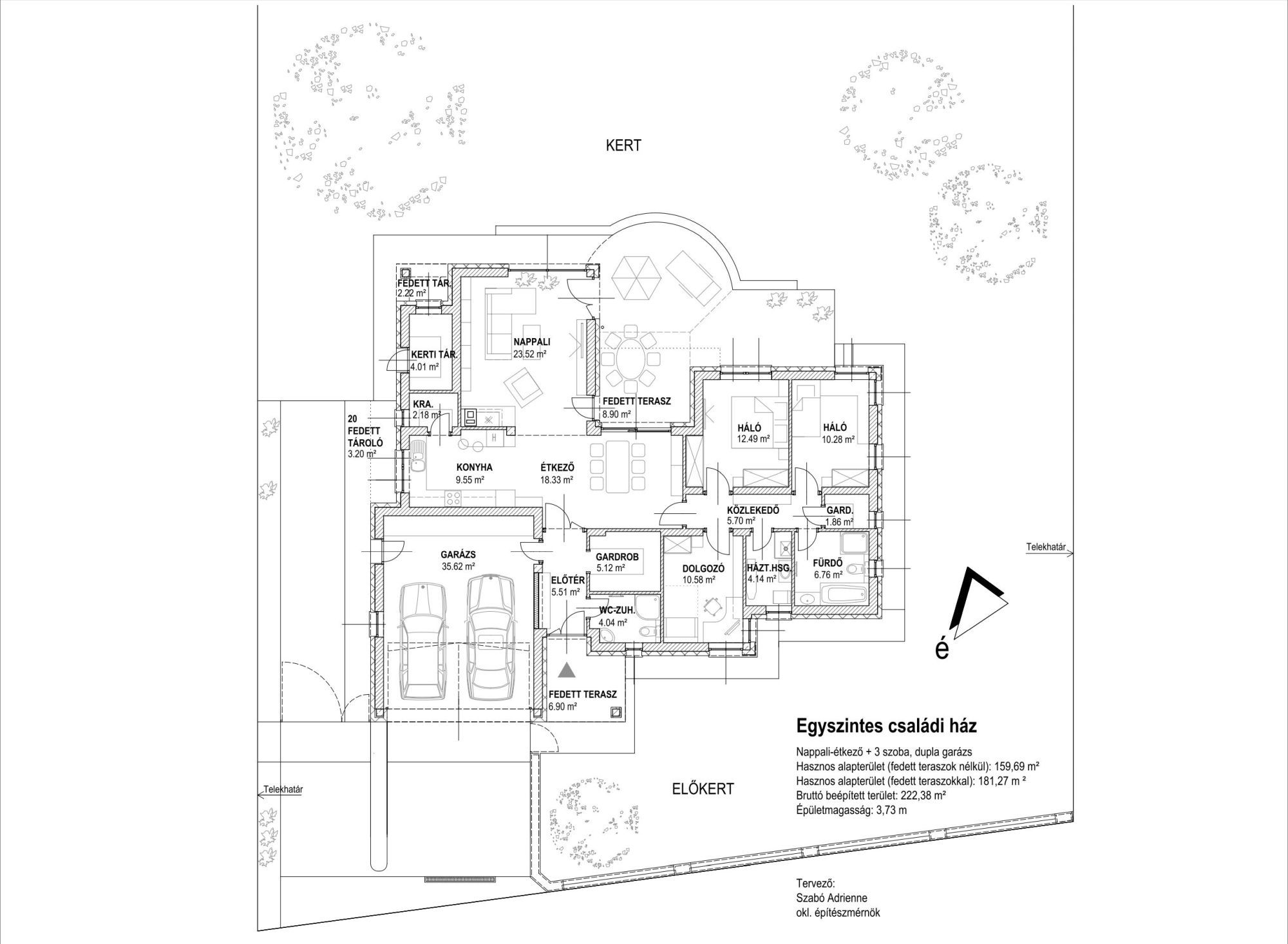 Szabadonálló, egyszintes családi ház dupla garázzsal, nappali-étkező + 3 szoba. Hasznos alapterület 181,27 m², a fedett teraszok alapterülete nélkül 159,69 m². Bruttó beépített alapterület: 222,38 m²