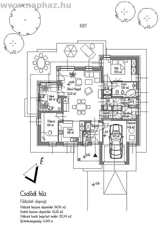 Földszint + részben emeletes családi ház egyállásos garázzsal. A földszinten nappali + egy dolgozó és egy hálószoba, az emeleten 2 hálószoba, 158,29 m²