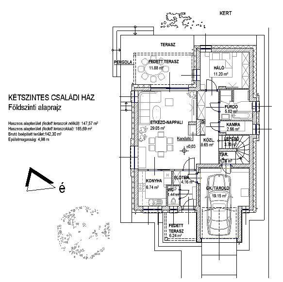 Oldalhatáron álló, tetőtérbeépítéses, részben emeletes családi ház egyállásos garázzsal, nappali + 4 hálószoba. Hasznos alapterület fedett teraszokkal 165,69 m², teraszok nélkül 147,57 m²