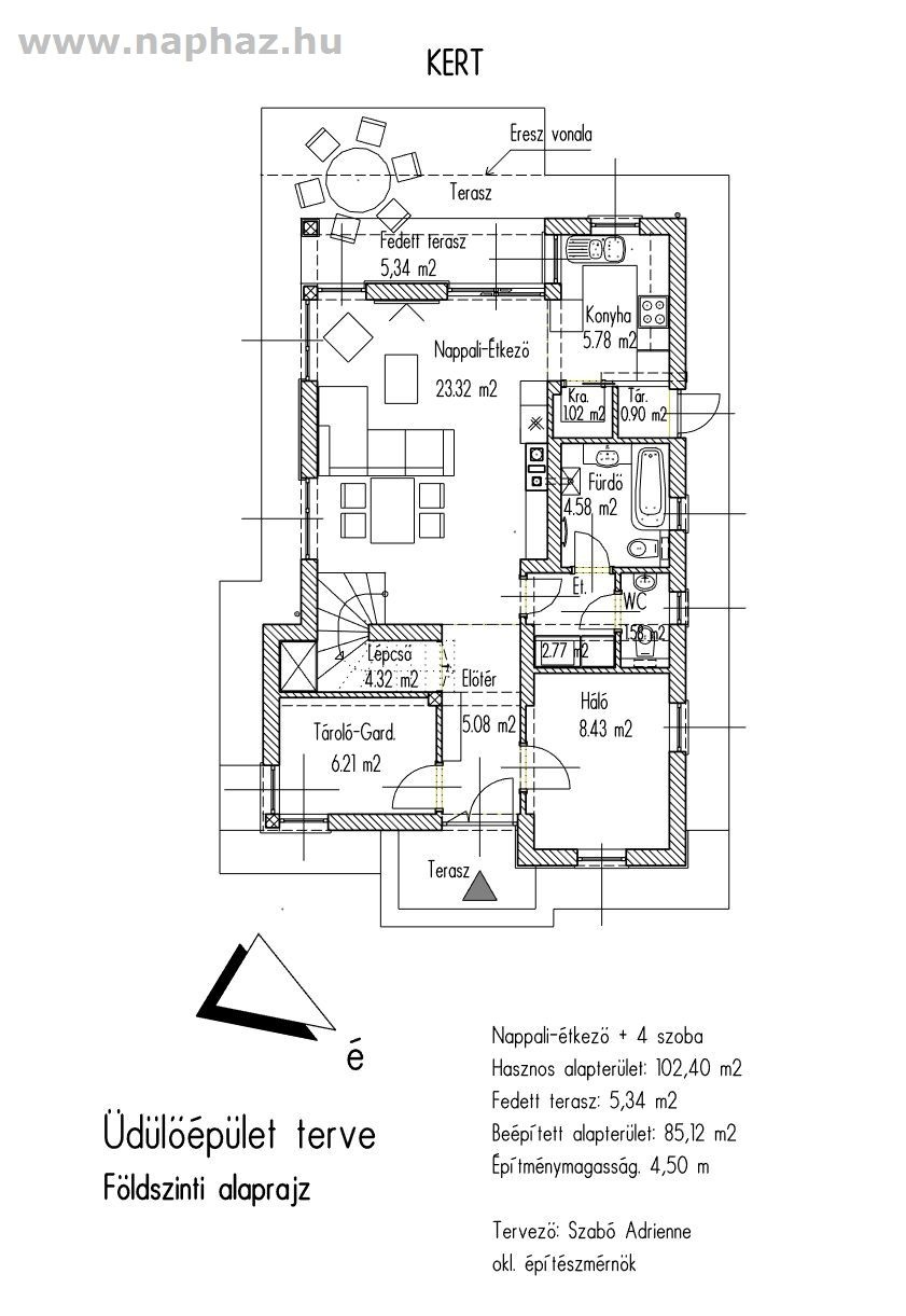 Tetőtérbeépítéses, részben emeletes üdülőépület, nappali-étkező + 4 hálószoba, 102,40 m²