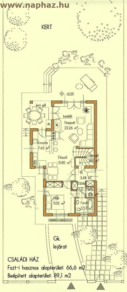 Alápincézett, földszint + tetőtérbeépítéses családi ház, egy garázzsal. Földszinti hasznos alapterület: 66,60 m²