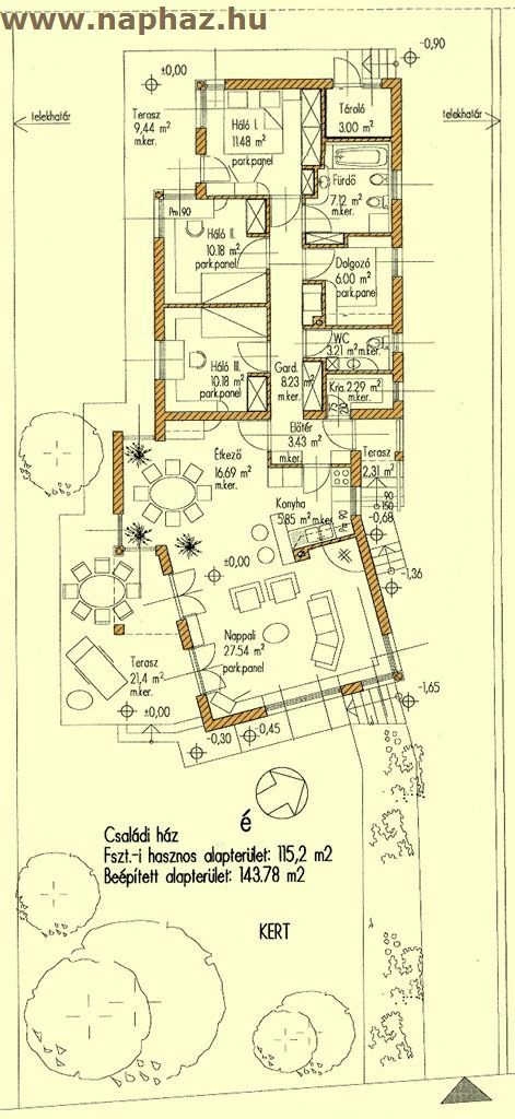 Földszintes családi ház 115,20 m², nappali-étkező + 3 hálószoba és egy dolgozószoba.