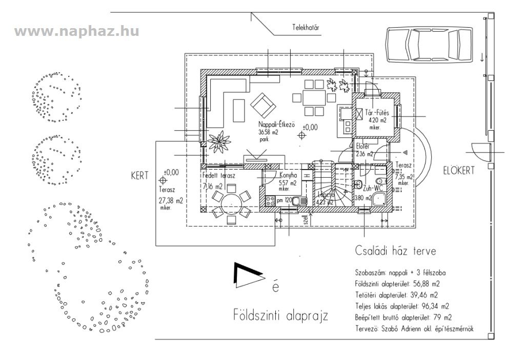 Tetőtérbeépítéses családi ház, nappali + 2 szoba, 93,34 m²